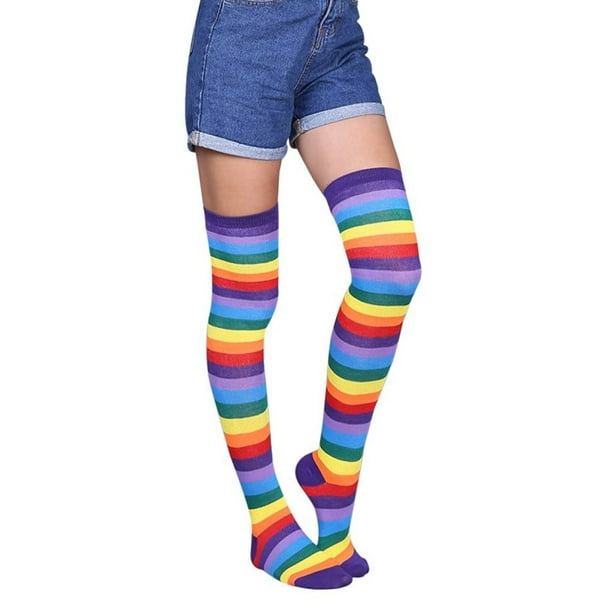 Womens OVER KNEE SOCKS Rainbow Striped High Thigh Long Striped Stocking.